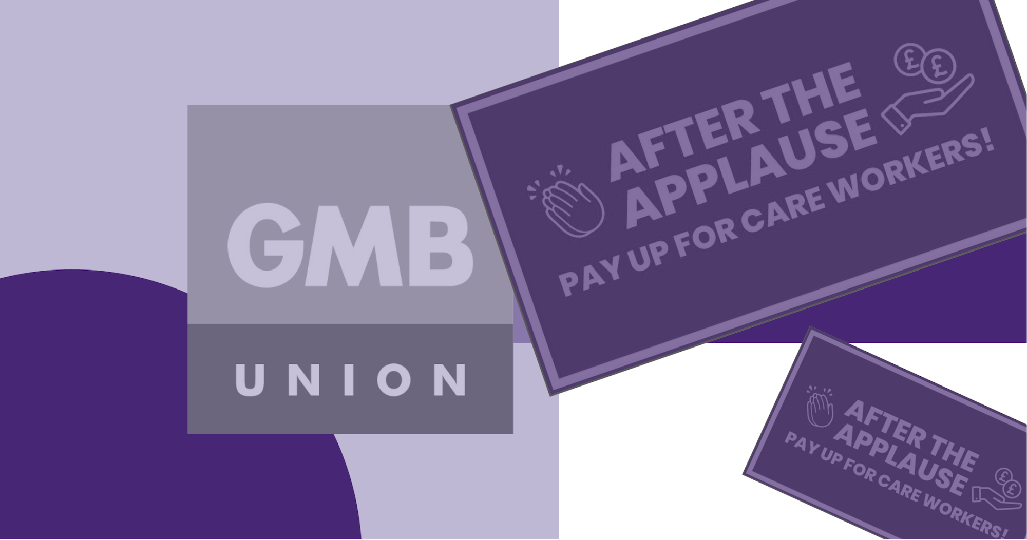 Signs supporting GMB Scotlands campaign for a Scottish carers wage with shaded purple design