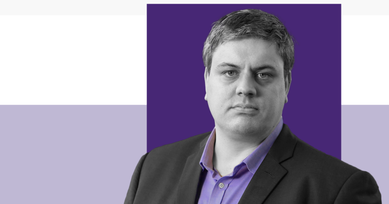 Scottish political commentator, Blair McDougall, on a dark and light purple background
