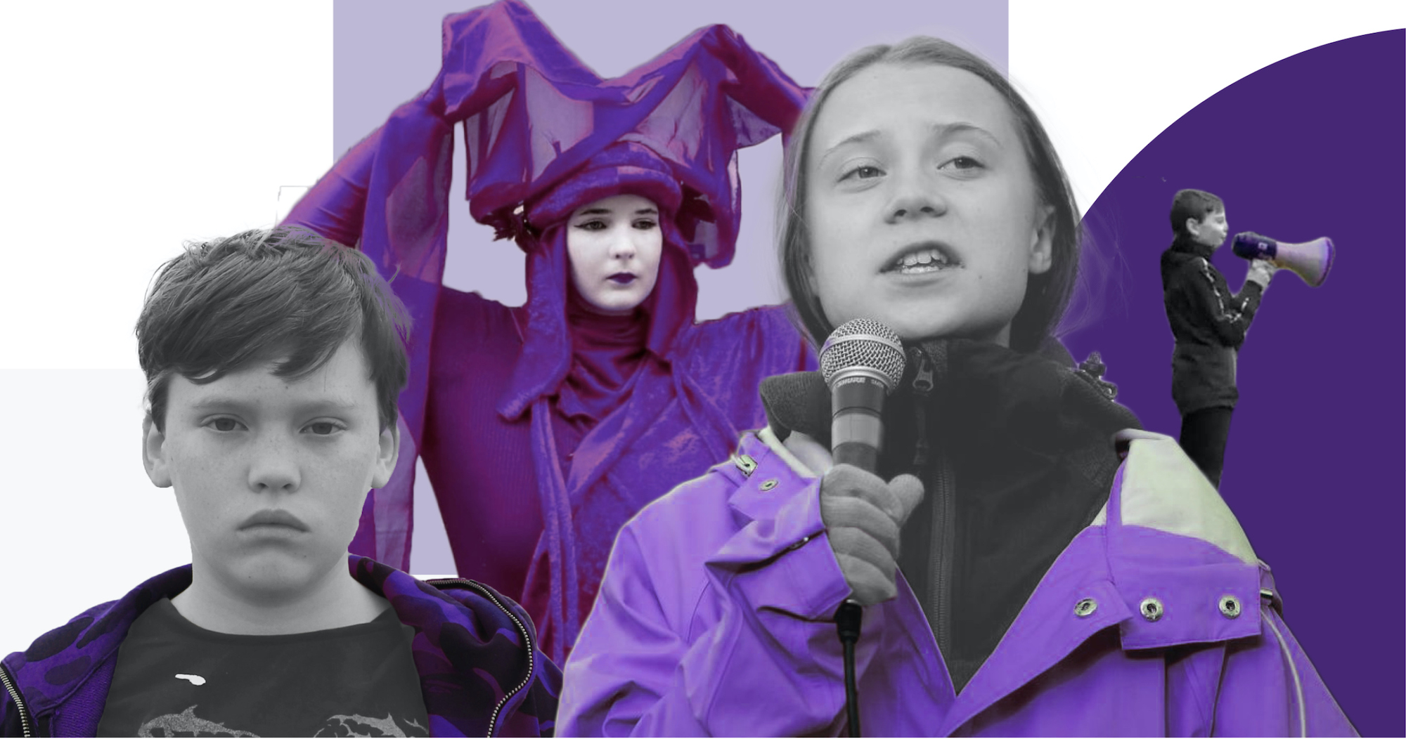 Greta Thunberg and young Scottish climate activists in a purple and white background