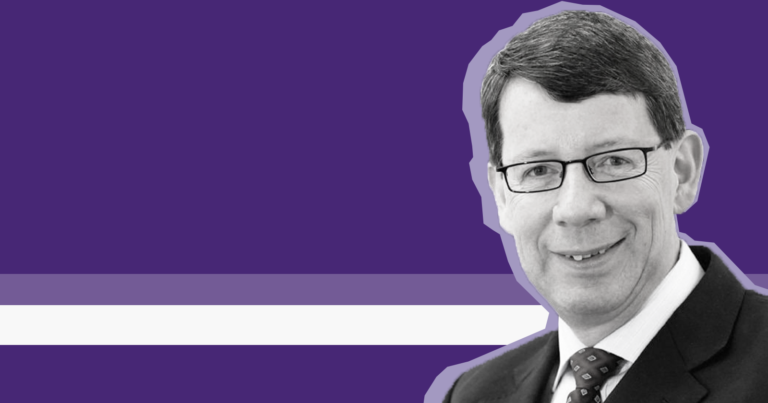 Professor David Kerr Professor of Cancer Medicine, in monochrome on a purple geometric background