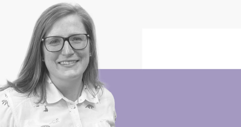 Kate, a secondary school teacher in Scotland, on a light grey and light purple background