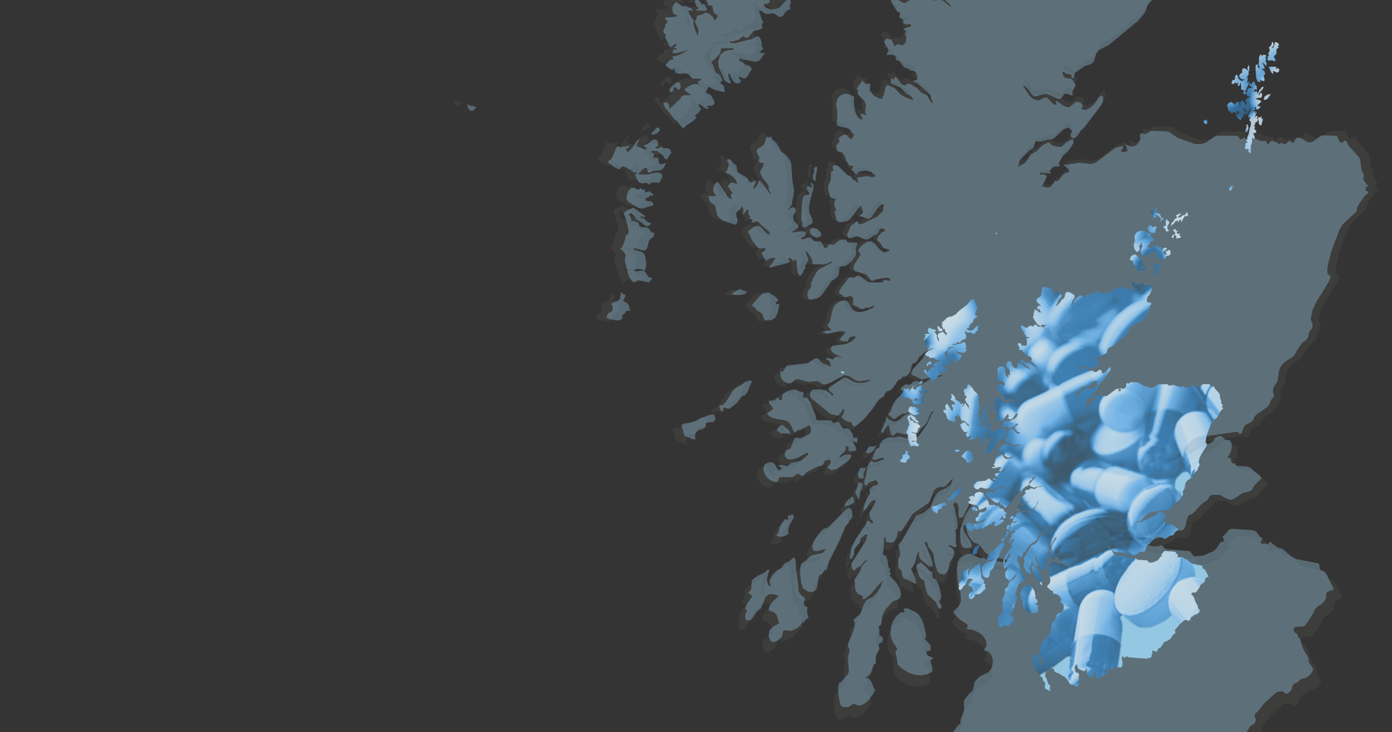 An image of blue pills in the shape of a map of Scotland, overlaid on a larger grey map of Scotland on a dark grey background